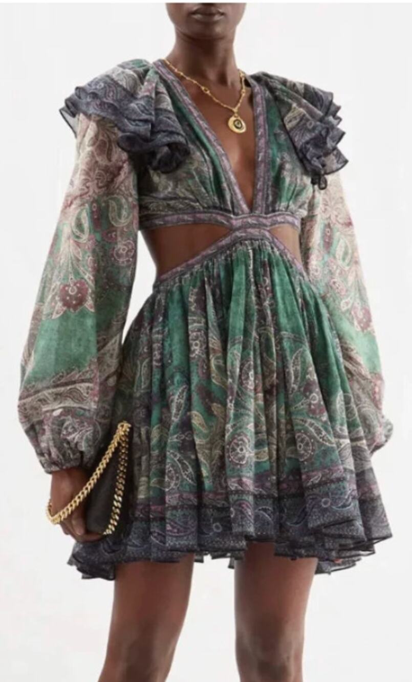 Zimmermann Anneke Ruffle Mini Dress Teal Paisley size 0 US 4